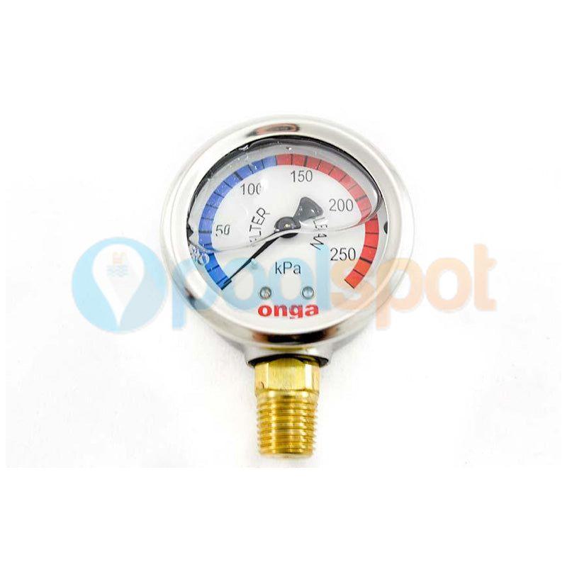 Onga Pressure Gauge - Bottom mount - Liquid-filled 0-270Kpa