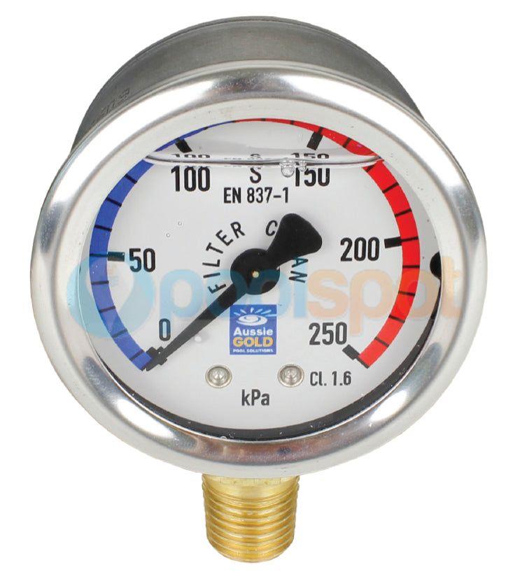 Pressure Gauge - Aussie Gold - Liquid filled - S/steel - Lower mount
